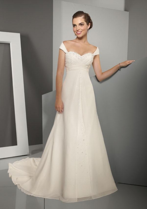 Cap Sleeves Crystals Beaded Chiffon Simple Wedding Gown