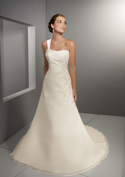 One Shoulder Embroidery Chiffon A-line Simple Wedding Dress