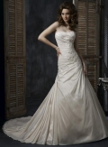 Light Gold Pleated Floral Taffeta A-Line Lace Wedding Dress