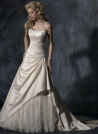 Light Gold lace Pleated Floral A-Line Corset Wedding Dress