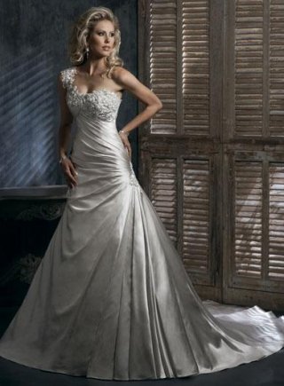 Elegant One shoulder Lace Applique Corset Wedding Dress