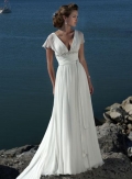 V-neck Beaded Chiffon Destination Wedding Dress With Sleeves