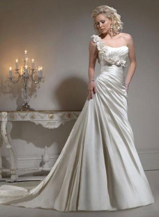 Elegant One Shoulder Floral Satin A-line Wedding Gown