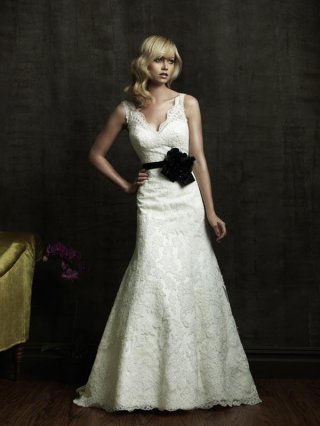 V-neck Floral Lace Black and White Wedding Dress