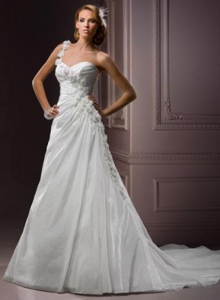 One Shoulder Sweetheart Handmade Flowers A line Wedding Gown