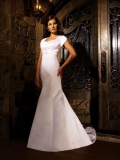 V-neck Short Sleeves Beaded Satin A-line Modest Wedding Dress.