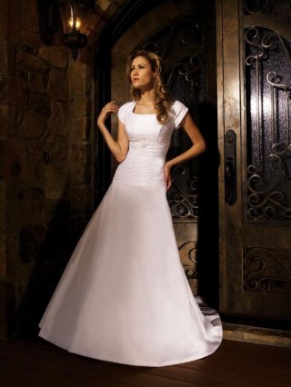Short Sleeves Beaded Satin A-line Modest Wedding Dress