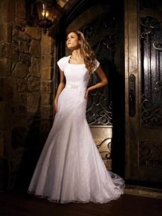 Short Sleeves Beaded Sash Satin Lace A-line Modest Wedding Dress