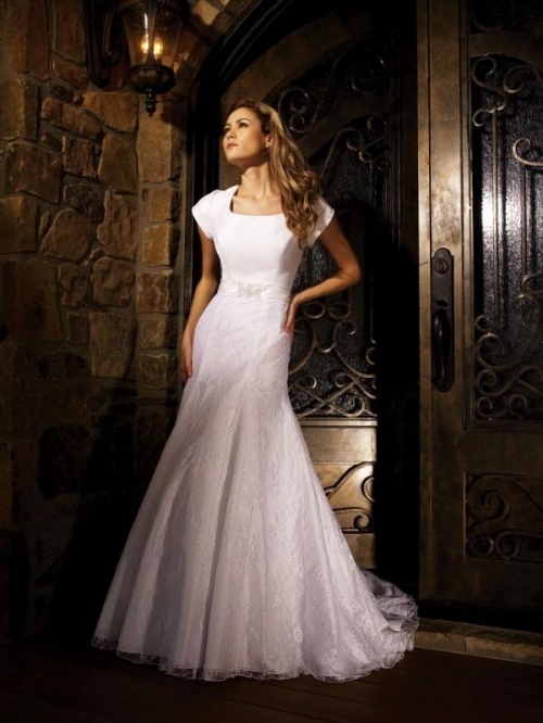 Short Sleeves Beaded Sash Satin Lace A-line Modest Wedding Dress