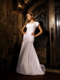 Short Sleeves Embroidered Satin A-line Modest Wedding Dress