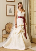 V-neck Chapel train Lace Satin Sash A-line/Princess Bridal Dress