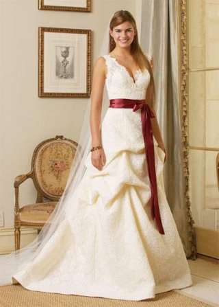 V-neck Chapel train Lace Satin Sash A-line/Princess Bridal Dress