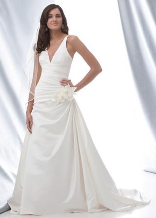 Ivory V-neck Full length Florals Satin A-line/Princess Wedding Dress