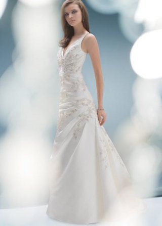 Ivory V-neck Beaded Satin A-line/Princess Simple Wedding Dress