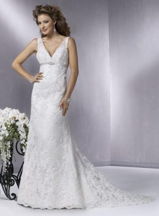 V-neck Beaded Satin Lace Satin Slim A-line Sash Wedding Dress