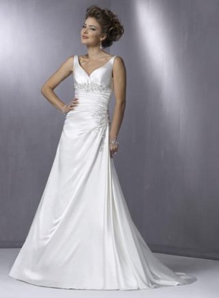 V-neck Beaded Embellished lace Satin A-line Wedding Dress