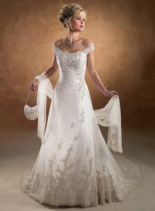 Off the Shoulder Applique Chiffon Wedding Dress With Sleeves