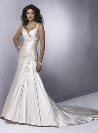 V-neck Beaded Lace Satin A-line/Princess Wedding Dress