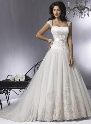 Cap Sleeves Satin Tulle A-line Lace Wedding Dress