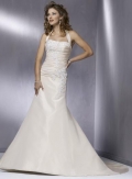 Light Gold Embellished Lace Taffeta Halter Wedding Dress