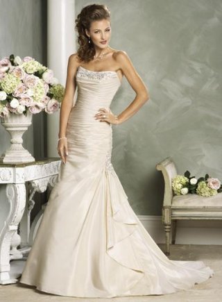 Light Gold Scoop Neckline Beaded Taffeta Wedding Dress