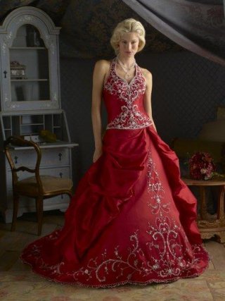 Halter Embroidery Taffeta Ball Gown Red Wedding Dress