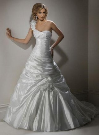 Diamond White One Shoulder Floral Ball Gown Wedding Dress