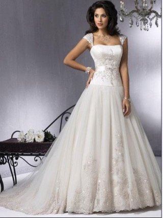 Straps Applique Satin Tulle Ball Gown Wedding Dress