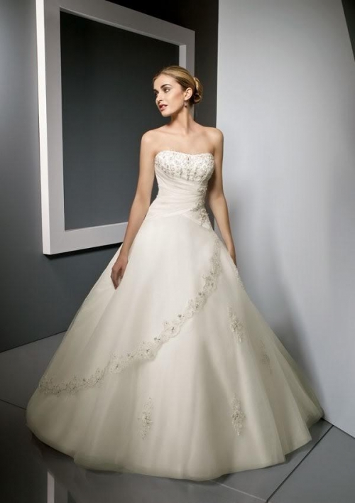 Strapless Beaded Satin Tulle Ball Gown Wedding Dress