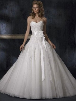 Strapless Applique Belt Satin Tulle Ball Gown Wedding Dress