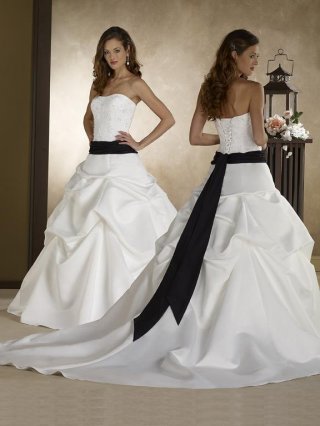 Strapless Ruffles Sash Ball Gown Black and White Wedding Dress