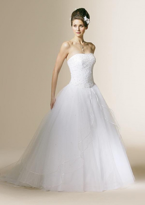 Strapless Beaded Tulle Ball Gown Wedding Dress