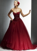 Red Ball Gown Sweetheart Strapless Beaded Tulle Bridal Dress