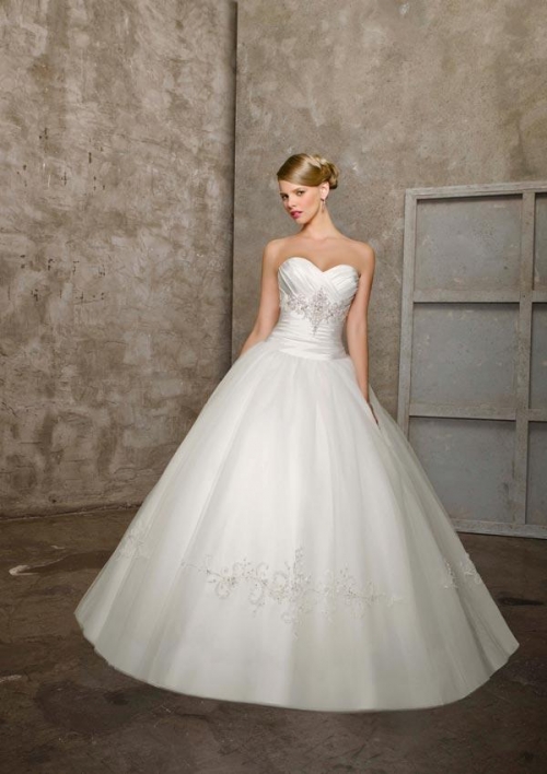 Ivory Strapless Embroidered Satin Tulle Ball Gown Wedding Dress