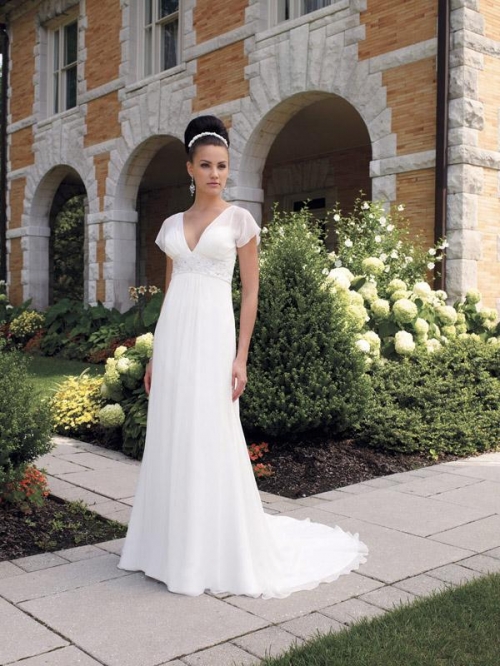 V-neck Beaded Chiffon Short Sleeves Simple Wedding Dress