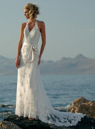 Halter Embellished Lace Sheath Beach Destination Wedding Dress