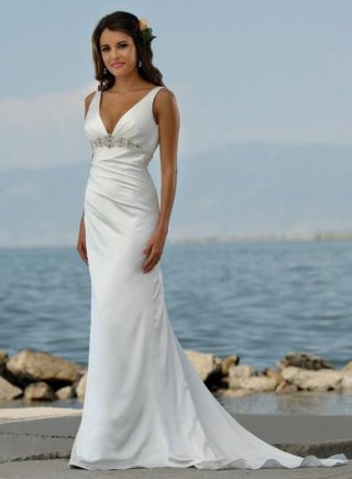 V-neck Beaded Column/Sheath Beach Destination Wedding Dress