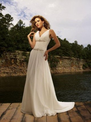V-neck Sleeveless Chapel Train Beaded Satin Bridal Dress