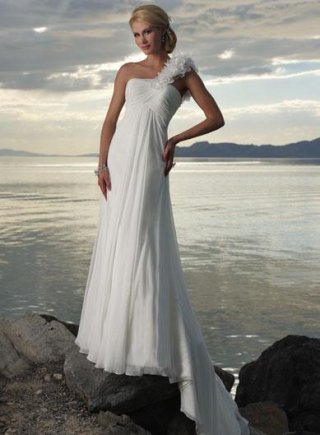 One Shoulder Handmade Flowers Chiffon Destination Wedding Dress