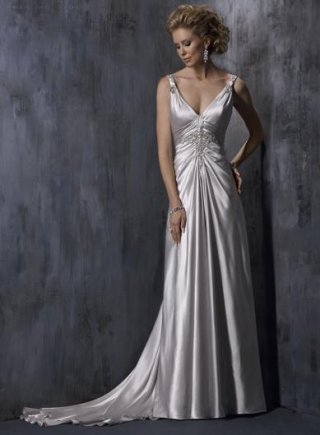 Silver V-neck Dual Straps Column/Sheath Wedding Dress