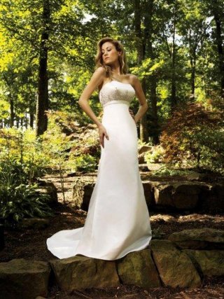 Slim A line Strapless Beaded Satin Bridal Dress