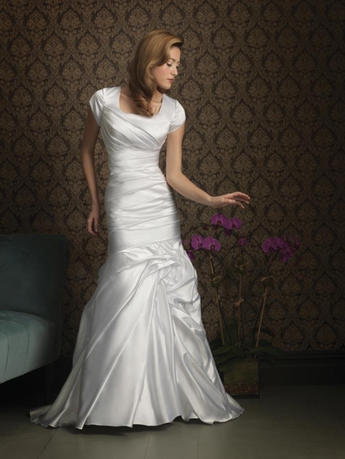 Satin Sheath Modest Wedding Dress With Sleeves