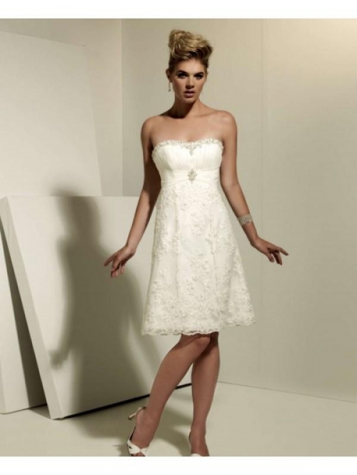 Short Wedding Dress Strapless Lace Satin Embroidery