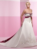 Empire Waist Embroidery Satin White and Red Wedding Gown