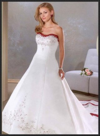 Empire Waist Strapless Red Trim Wedding Dress