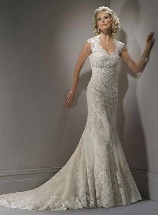 Queen Anne Neckline Lace Beaded Mermaid Wedding Dress
