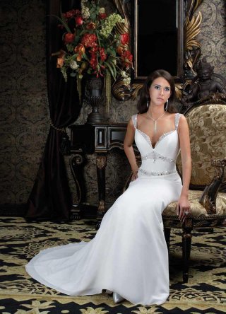 V-neck Beaded Dual Straps Chiffon Mermaid Wedding Dress