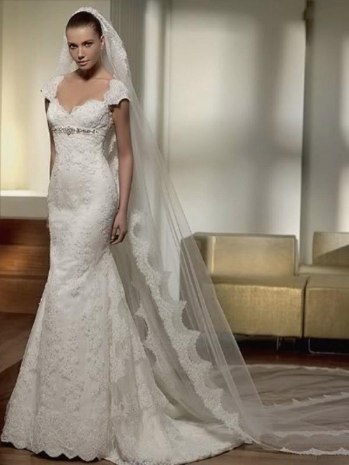 V-neck Applique Lace Mermaid/Trumpet Wedding Dress With Sleeves