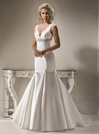 V-neck Beaded Satin Mermaid /Trumpet Wedding Dress
