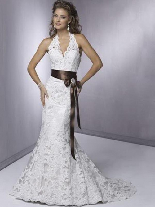 Halter Belt Sheath Corset Back Lace Wedding Dress
